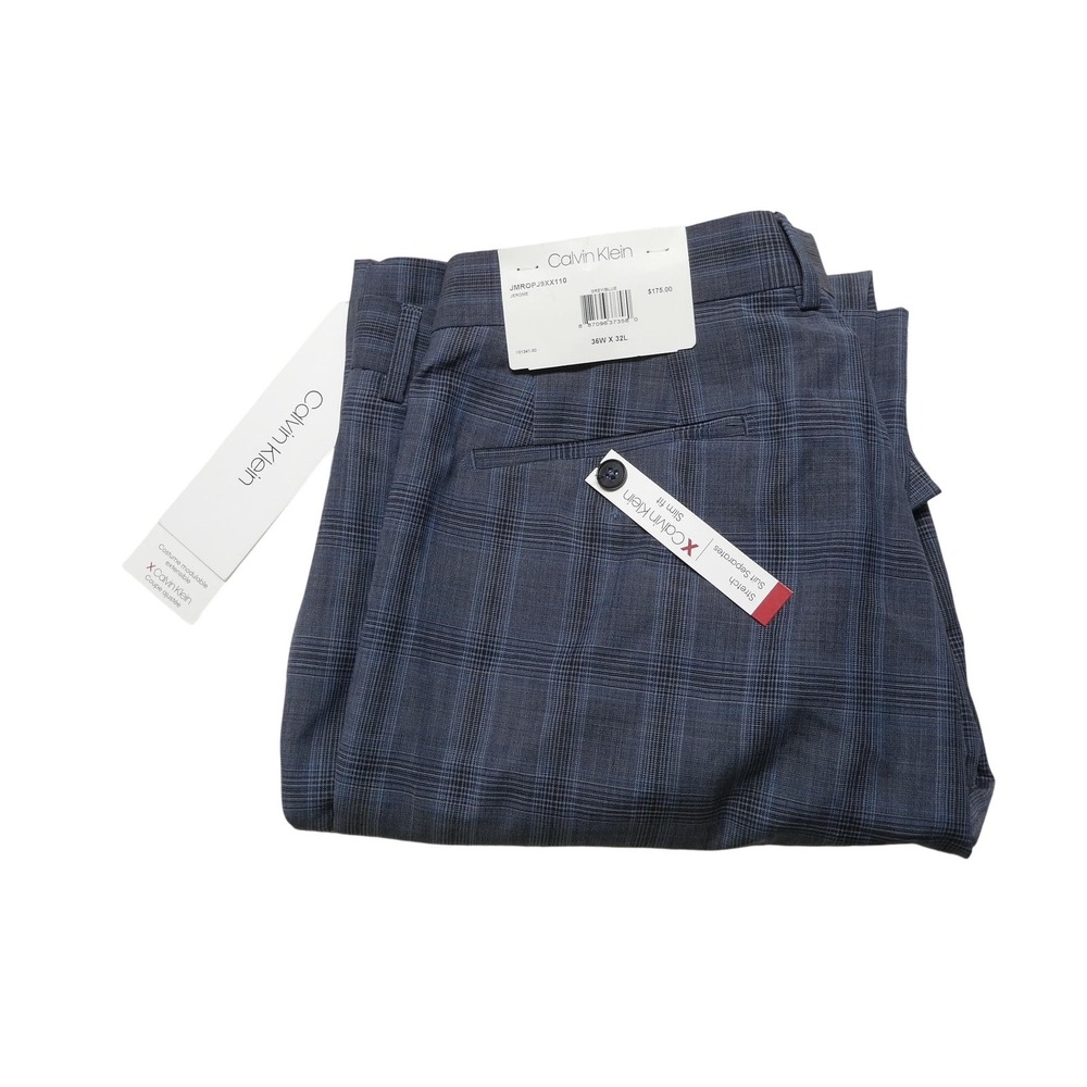 Calvin Klein Pants Mens 36x32 Gray Blue Wool Plaid Classic Fit Dress Slacks